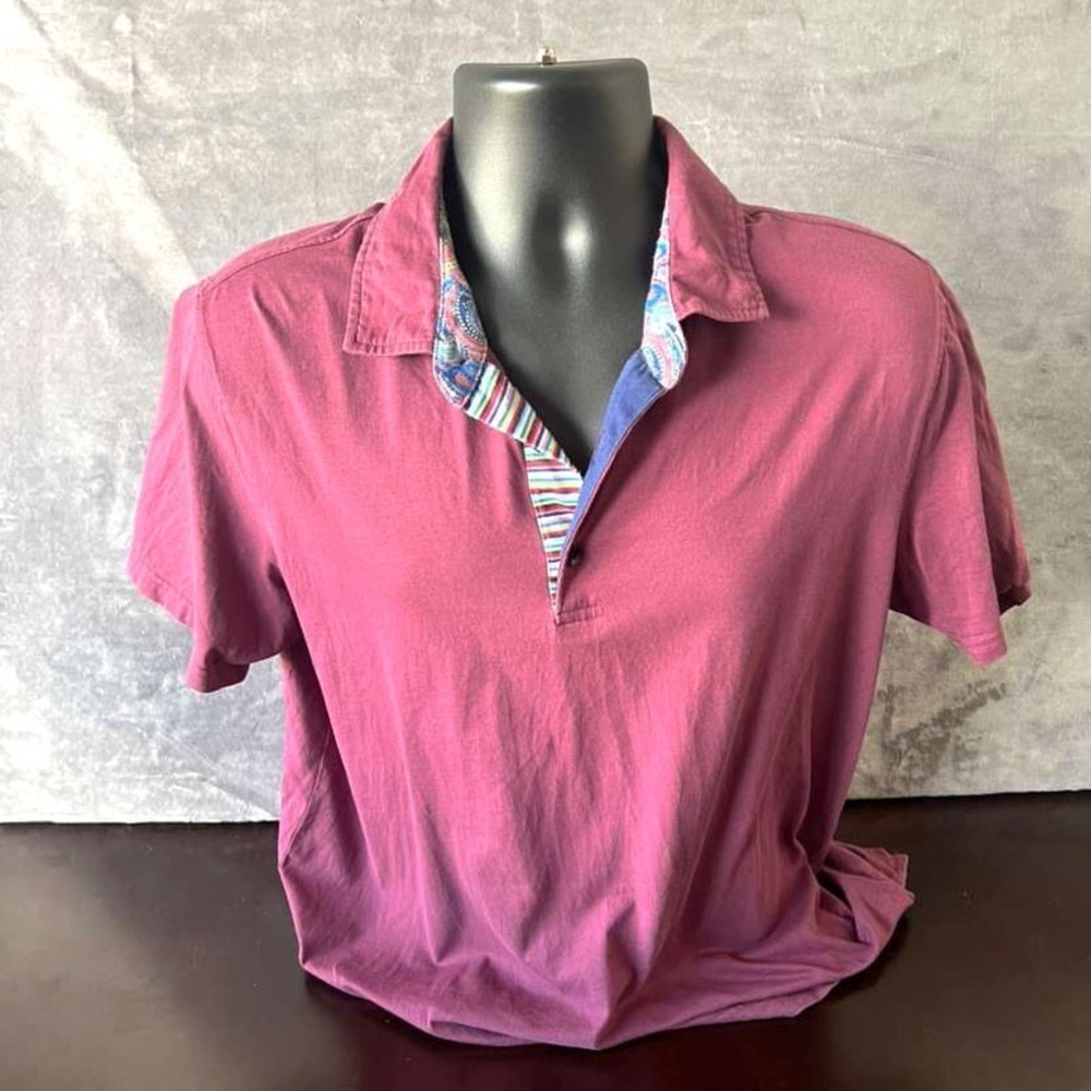Robert Graham Men's Large Polo Shirt Mauve Paisley Contrast Collar 100% Cotton